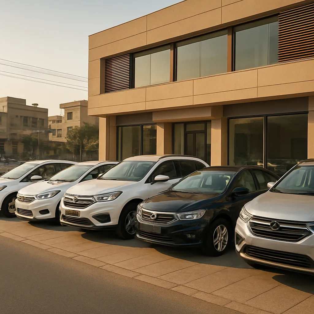 Row of rental cars outside the Multan Rent A Car office in Multan